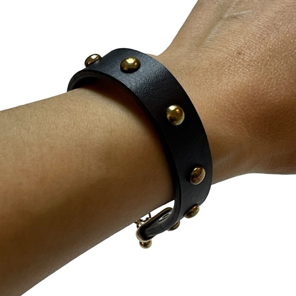 Dark Brown Leather Studded Bracelet with Adjustable Length Clasp Closure - Picture 1 of 10